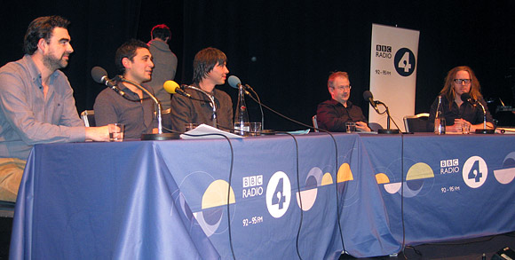 The Infinite Monkey Cage Panel - (l-r) Dr Nick Lane, Adam Rutherford, Brian Cox, Robin Ince and Tim Minchin