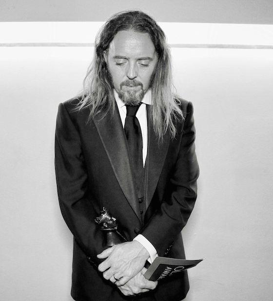 Shortly after accepting the Best New Musical Olivier for Groundhog Day Photo by Darren Bell
